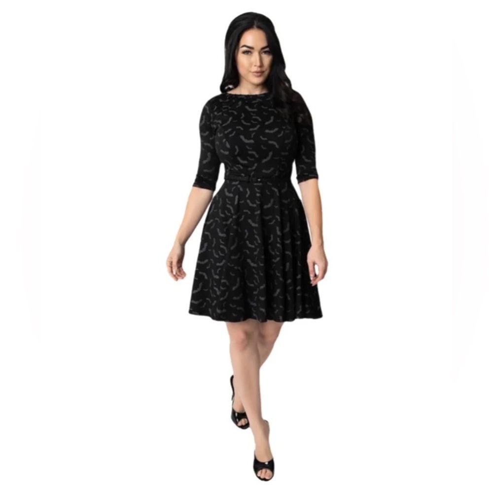 Unique Vintage Black & Grey Bats Print Fit and Flare Dress Size L